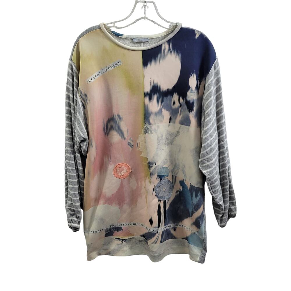 Zara W & B Collection Art Design Gray Pull Over Tunic Sweater Size M 12124-0633